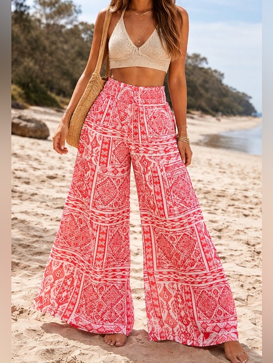 Boutique Pants - H987. Boho Wide Leg Printed Pants - Coral Pink rayon